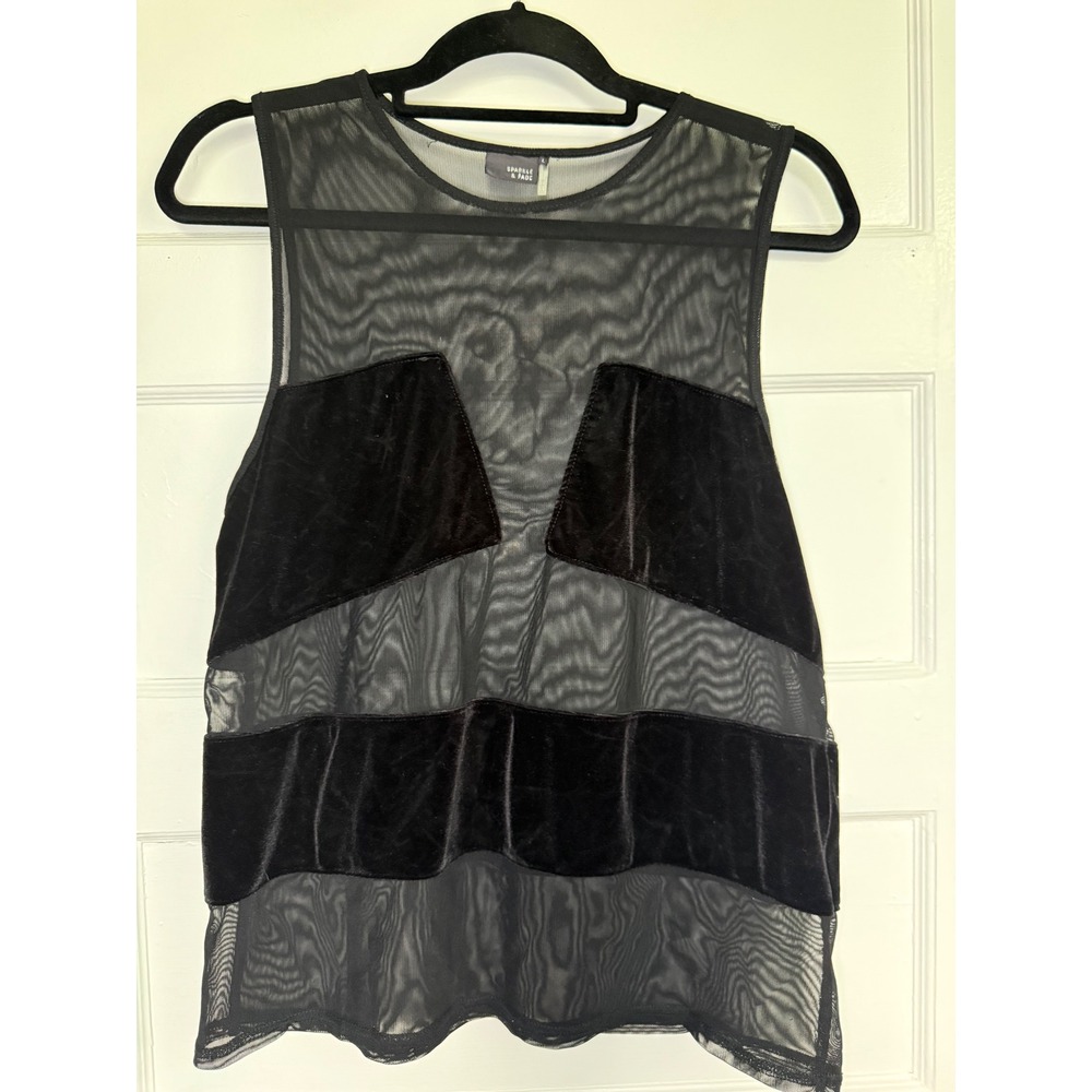 Sparkle & Fade Womens Large Black Sheer Mesh Velvet Panel Sleeveless Tank Top